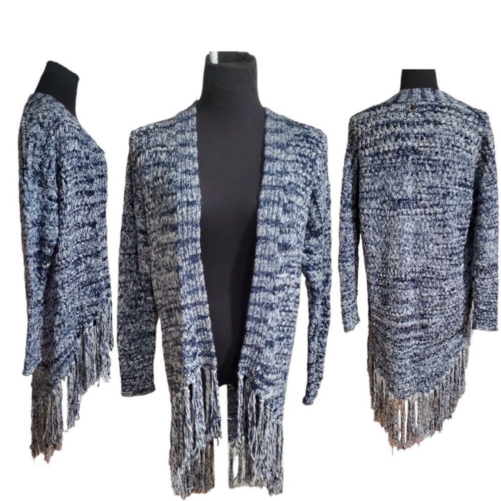 New Guess Boho Open Chunky cable knit cardigan Fringe Detail Sweater M L
